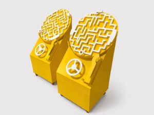 Puzzle Maze Runner — yellow carnival game with steering wheel maze mechanism