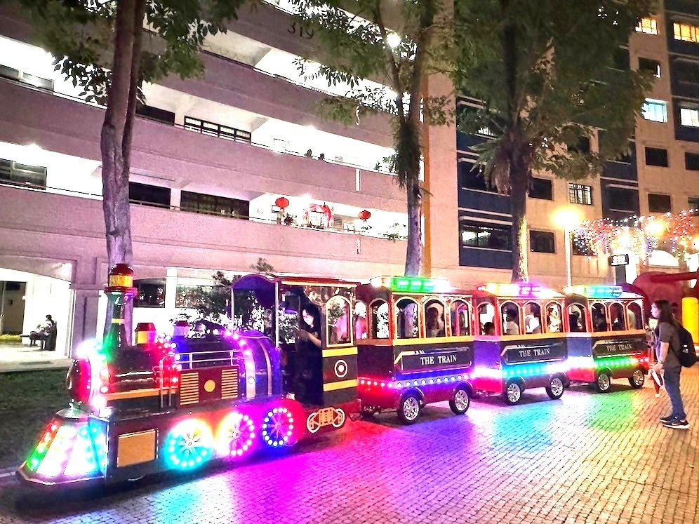 Trackless train ride with LED lights for night event rental Singapore