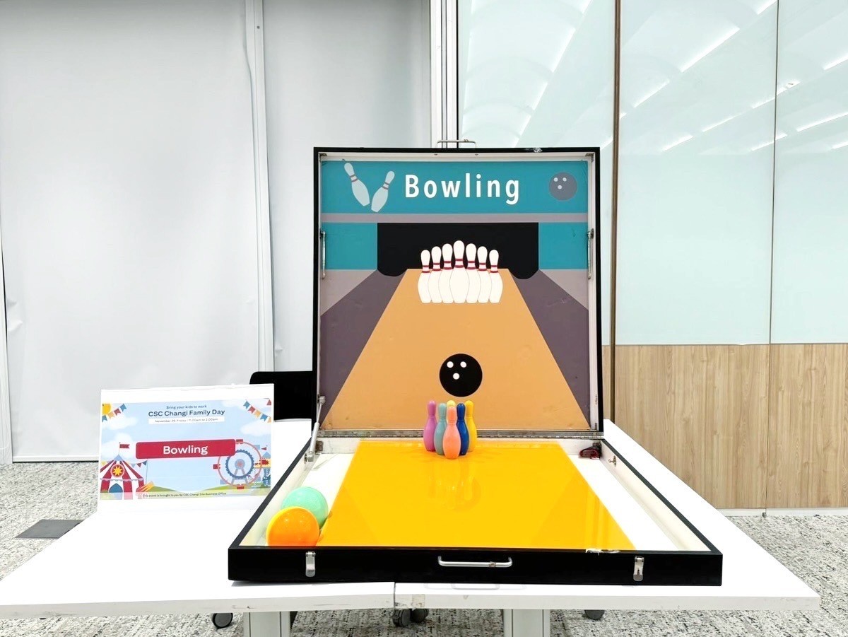 Mini bowling carnival game rental at a corporate family day in Singapore