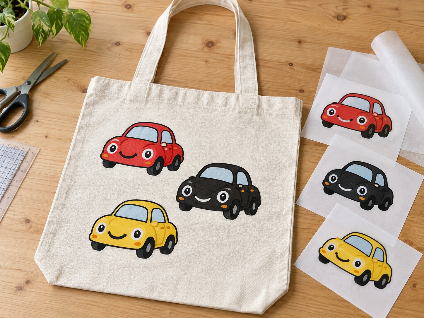 Custom Tote Bag Fringe Activity 7 AI-generated design example of a canvas tote bag with colourful cartoon car prints