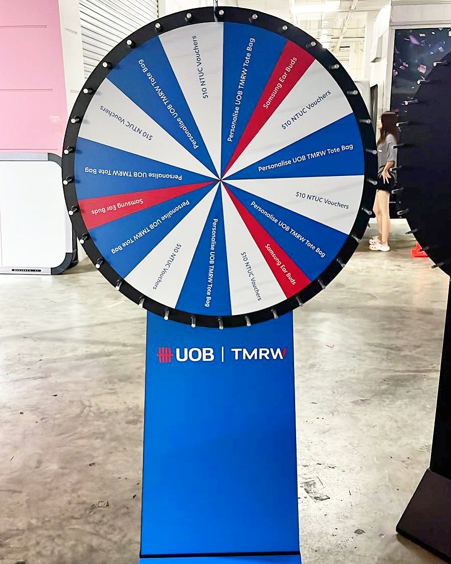 Prize Wheel Artwork: Making Every Segment Easy to Read 4 Blue and white wheel with short segment labels above a branded pedestal