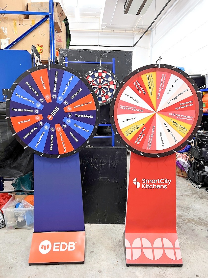 Prize Wheel Artwork: Making Every Segment Easy to Read 9 Two branded prize wheels with blue and red pedestals